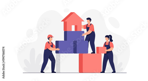 Movers Building House with Blocks, Moving Service, Real Estate Concept