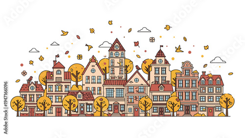 Detailed line art illustration of a charming european city street in autumn with falling leaves and cozy architecture.