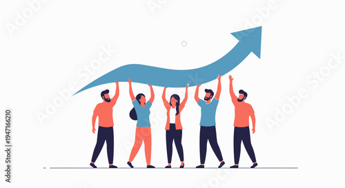 Teamwork lifts upward arrow graph, symbolizing growth and success
