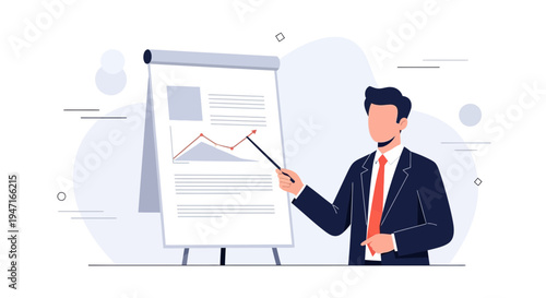 Businessman presenting financial growth chart on flip chart during meeting