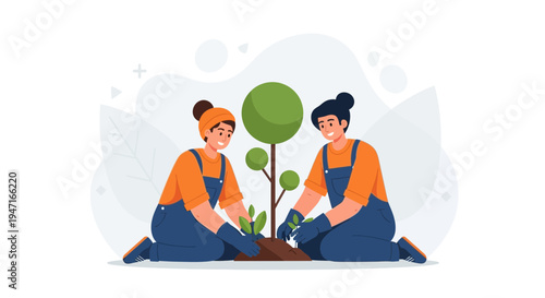 Two people planting a tree, illustration of teamwork and environmental care