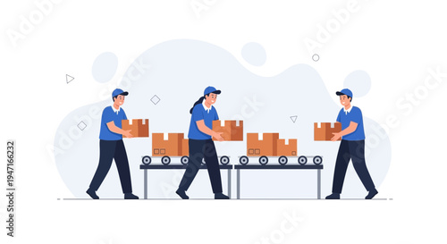 Warehouse workers on conveyor belt moving boxes, logistics and delivery concept