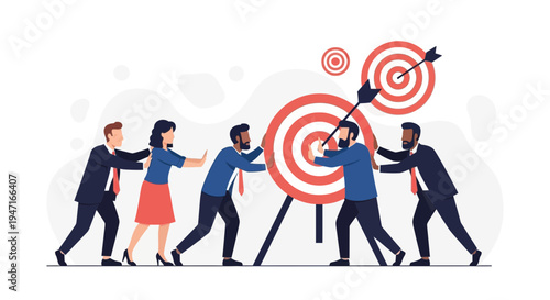 Teamwork pushing target board towards success, business goal achievement concept