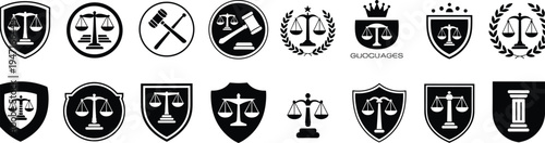 Law Scales and Shields Icons Set Representing Justice and Legal System vector illustration