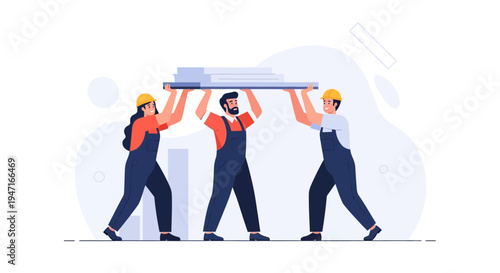 Construction workers carrying heavy load together, teamwork concept