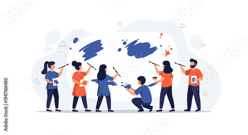 Diverse group of people painting a mural, teamwork and creativity concept