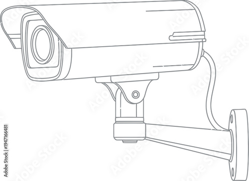 Black and white line art drawing of an outdoor bullet style security camera mounted securely for surveillance purposes