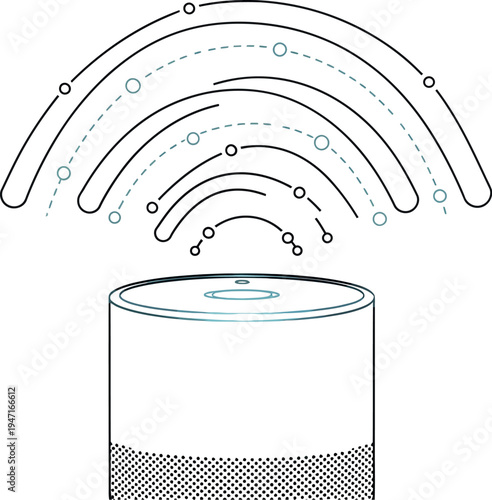 A minimalist illustration of a smart speaker sending out audio signals and data waves, representing modern voice assistant technology and artificial intelligence in a clean, digital style.
