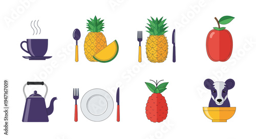 Colorful flat illustration of food and objects
