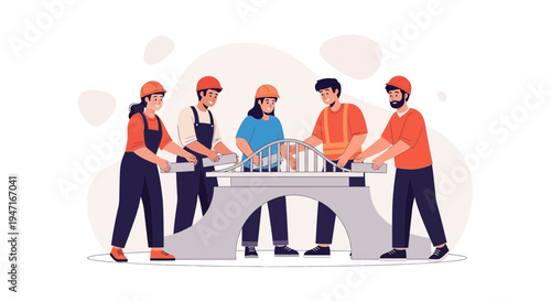 Team of engineers building a bridge, collaboration, construction, teamwork, project