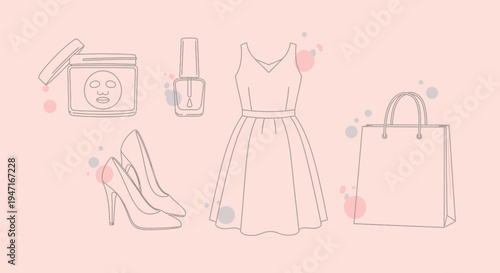 Beautiful minimalist line art illustrations capturing essential women's fashion, beauty, and shopping elements including a face mask, nail polish, dress, heels, and a bag.