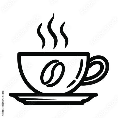 Steaming hot coffee cup with saucer and coffee bean illustration