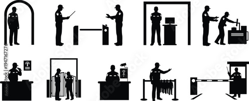Airport security checkpoint silhouette set showing guard inspection, metal detector scanning, baggage screening, ID verification, entrance control and security staff monitoring.