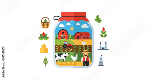 Flat Vector Illustration of a Miniature Farm Ecosystem in a Jar. Agriculture Concept with Barn, Tractor, Farmer, Livestock, and Crops.