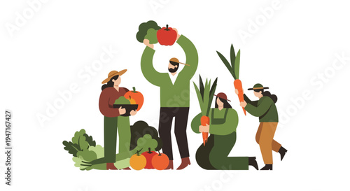 Farmers Harvesting Fresh Organic Produce. Flat Illustration of Agriculture Teamwork and Healthy Food.