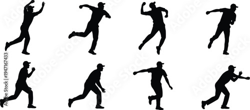 Baseball player silhouettes set showing pitcher throwing ball action poses isolated on white background sport competition training athlete movement collection