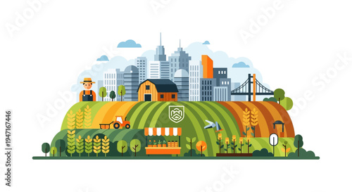 Flat Design Vector Illustration of Urban Agriculture. Farm Fields, Barn, and Farmer against a Modern City Skyline Background.