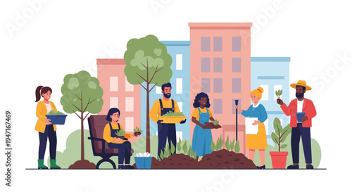 Diverse Group of People Teamwork in Urban Gardening. Community Farmers Planting Seedlings for Sustainable City Agriculture Project.