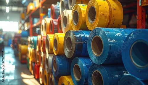 Industrial rolls of heavy-duty tape stacked high in a warehouse for repairs and sealing