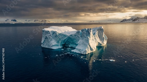 Majestic Iceberg Floating in Arctic Waters during a Dramatic Orange Sunset