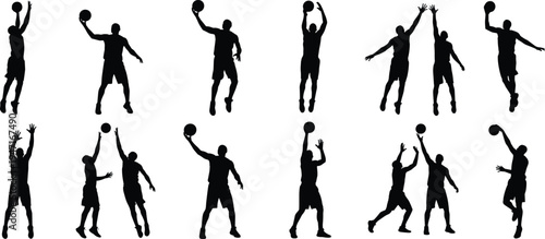 Basketball player silhouettes collection showing athletes dribbling jumping shooting and blocking isolated on white background sport action set
