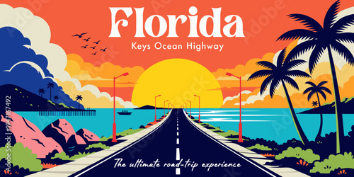 USA, US, U.S, United States - Florida Keys ocean highway sunset panorama tropical road-trip poster
