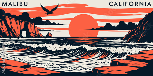 USA, US, U.S, United States - Malibu dramatic cliffs ocean sunset panorama scenic Pacific coastline
