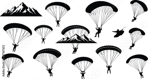 Black silhouette paraglider and skydiver icons set with mountain landscape, extreme adventure sports symbols for skydiving, paragliding, and outdoor recreation. (20 words)