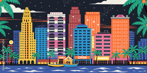 USA, US, U.S, United States - Miami South Beach neon skyline night panorama with palm trees tropical city vibe
