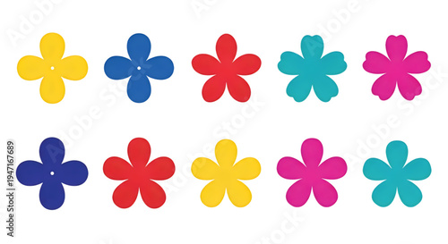Colorful collection of stylized five-petal flowers arranged in two rows