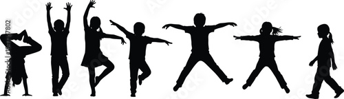 Black silhouettes of happy families, parents and children walking, playing, and holding hands, family togetherness vector icons on white background