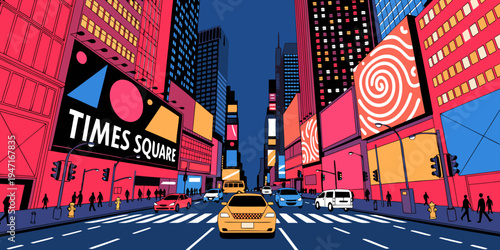 USA, US, U.S, United States - Times Square vibrant neon night panorama glowing billboards and busy city lights 
