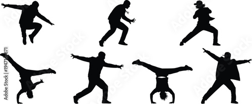 Breakdance dancer silhouettes set showing hip hop street dance moves jumping spinning and handstand poses isolated on white background urban dance performance concept