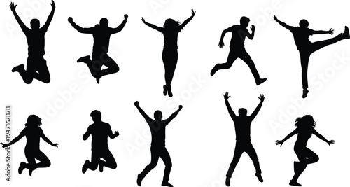 Black silhouettes of happy people jumping, running, and celebrating, energetic men and women expressing joy, success, and freedom, vector illustration