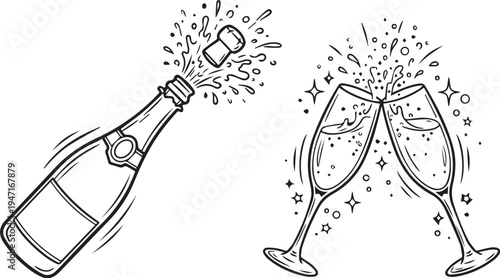 Champagne celebration vector with popping bottle, clinking glasses, sparkles, and festive bubbles design
