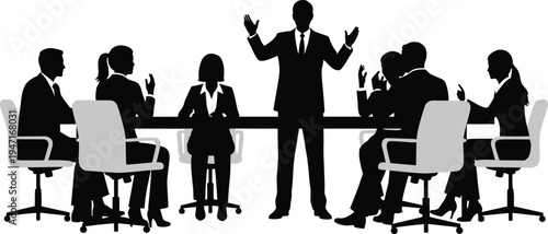 "Business meeting silhouette illustration with team members seated around conference table, leader presenting ideas, symbolizing teamwork, leadership, corporate communication.