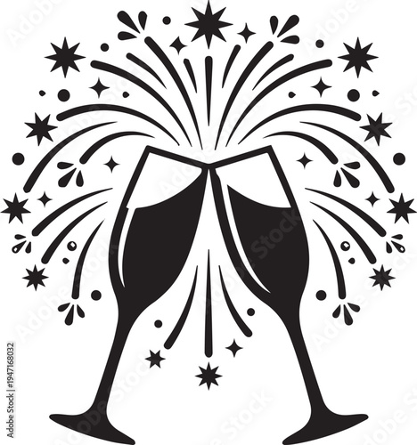 Champagne toast vector with clinking glasses, fireworks burst, sparkles, and festive celebration design