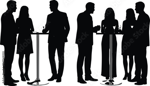 Business people networking at cocktail table silhouette set, men and women talking, meeting and socializing at corporate event isolated on white background