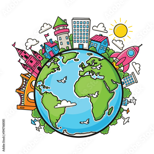 Colorful illustration of earth with landmarks rocket and sunny sky symbolizing global travel and exploration