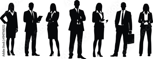 Business people silhouettes collection with professional men and women in formal office attire holding tablet, phone and briefcase, corporate team concept isolated on white