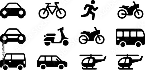 Transportation silhouette icon set, vehicle illustration collection, mobility design artwork, educational travel resource