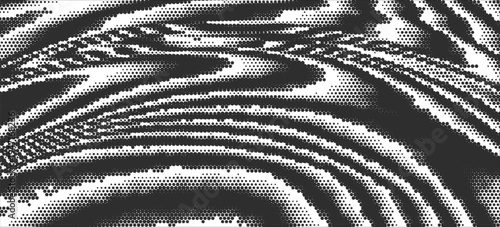 Abstract black halftone wave background made of dense dotted pattern. Dynamic monochrome texture with flowing curved lines and retro comic style halftone effect.