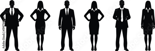 Business people silhouettes collection, professional men and women standing in formal suits, corporate team characters isolated on white background, leadership and teamwork concept