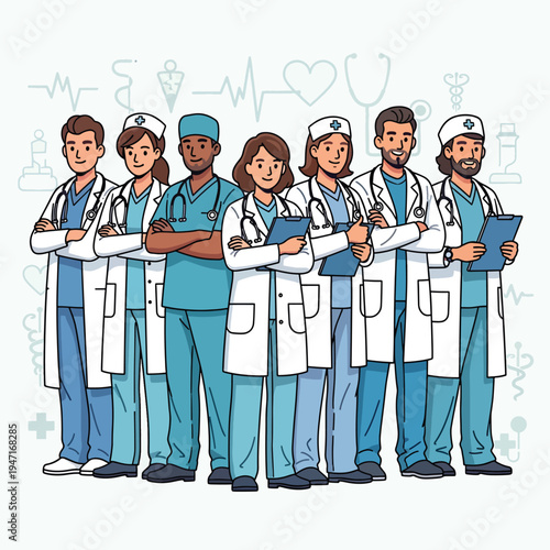 Medical professionals standing together in a hospital setting wearing scrubs
