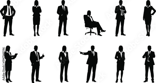 Business people silhouettes set, professional men and women standing, sitting and pointing poses in formal suits isolated on white background for corporate team concept