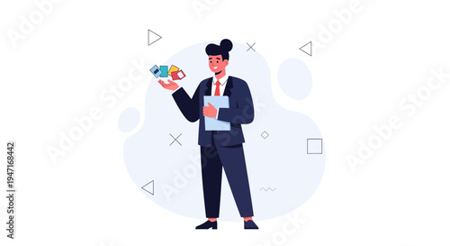 Businessman holding cards and document, abstract background, business concept