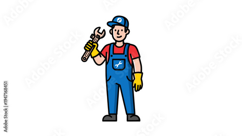 Cartoon Man Holding Wrench.