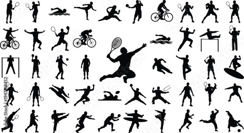 Black silhouettes of people swimming, surfing, and relaxing, summer beach activities and water sports icons set isolated on white background