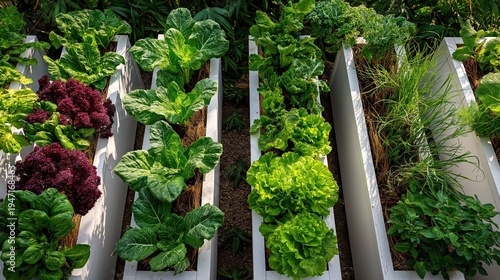 Variety of fresh leafy greens growing in white raised garden beds. Organic vegetable gardening and urban agriculture concept. Home grown lettuce and kale in planters
