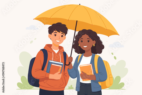 Two Diverse Students, a Boy and a Girl, Smiling and Holding a Yellow Umbrella Together While Carrying Books and Backpacks. Simple Flat Vector Illustration of Friendship and Education